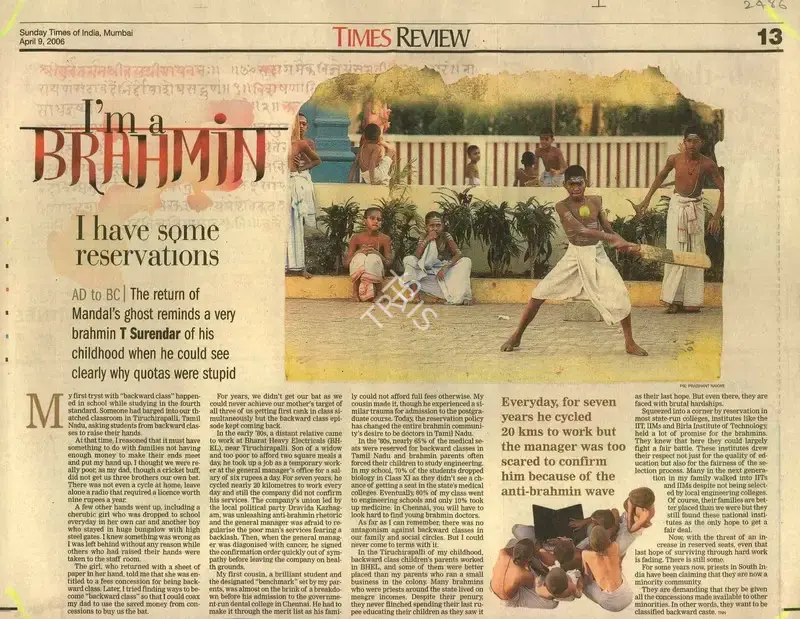 Prashant Nakwe (Photographer), I'm a Brahmin, 2006, Newspaper Clipping