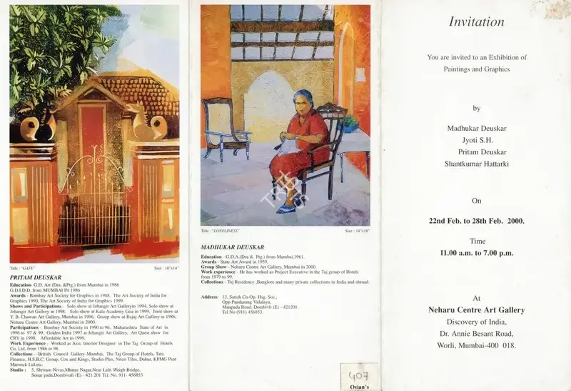 An Exhibition of Paintings and Graphics by Madhukar Deuskar, Jyoti S.H., Pritam Deuskar and Shantkumar Hattarki, 2000, Group Exhibition Invitation
