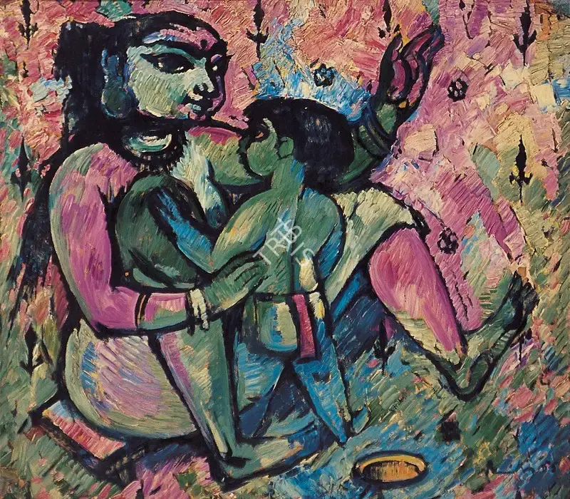 Paniker, K.C.S. (Artist). Mother and Child, 1955 | Painting, Os.Mum/02.12.05, 2005 · Osian's