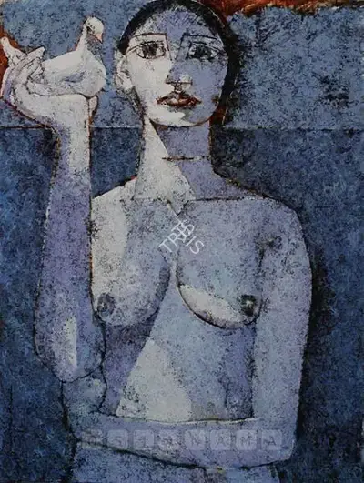 Jamil Naqsh (Artist), Blue Woman With Dove, 2004, Painting