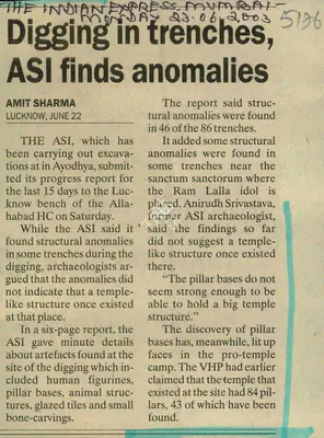 Amit Sharma (Reporter), Digging in Trenches, ASI Finds Anomalies, 2003, Newspaper Clipping