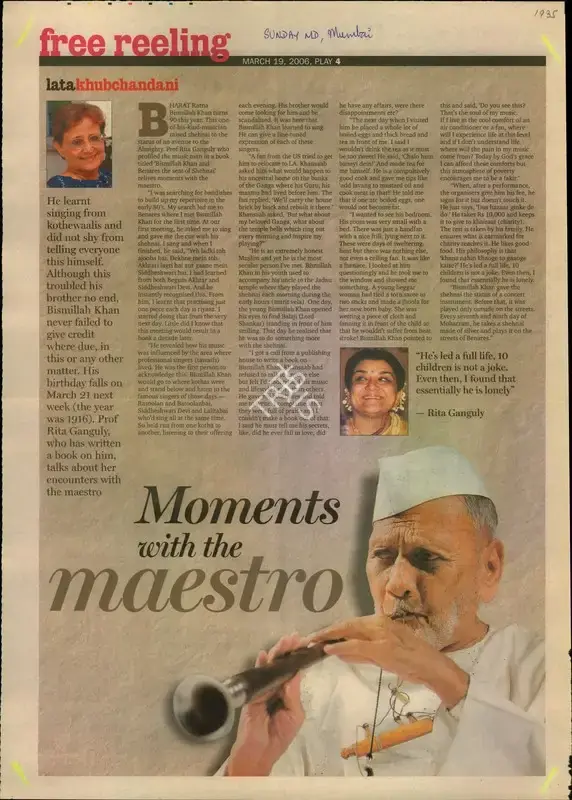 Lata Khubchandani (Reporter), Moments with the maestro, 2006, Newspaper Clipping