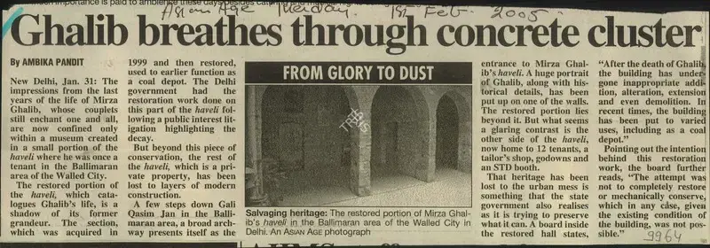 Ambika Pandit (Reporter), Ghalib Breathes Through Concrete Cluster, 2005, Newspaper Clipping