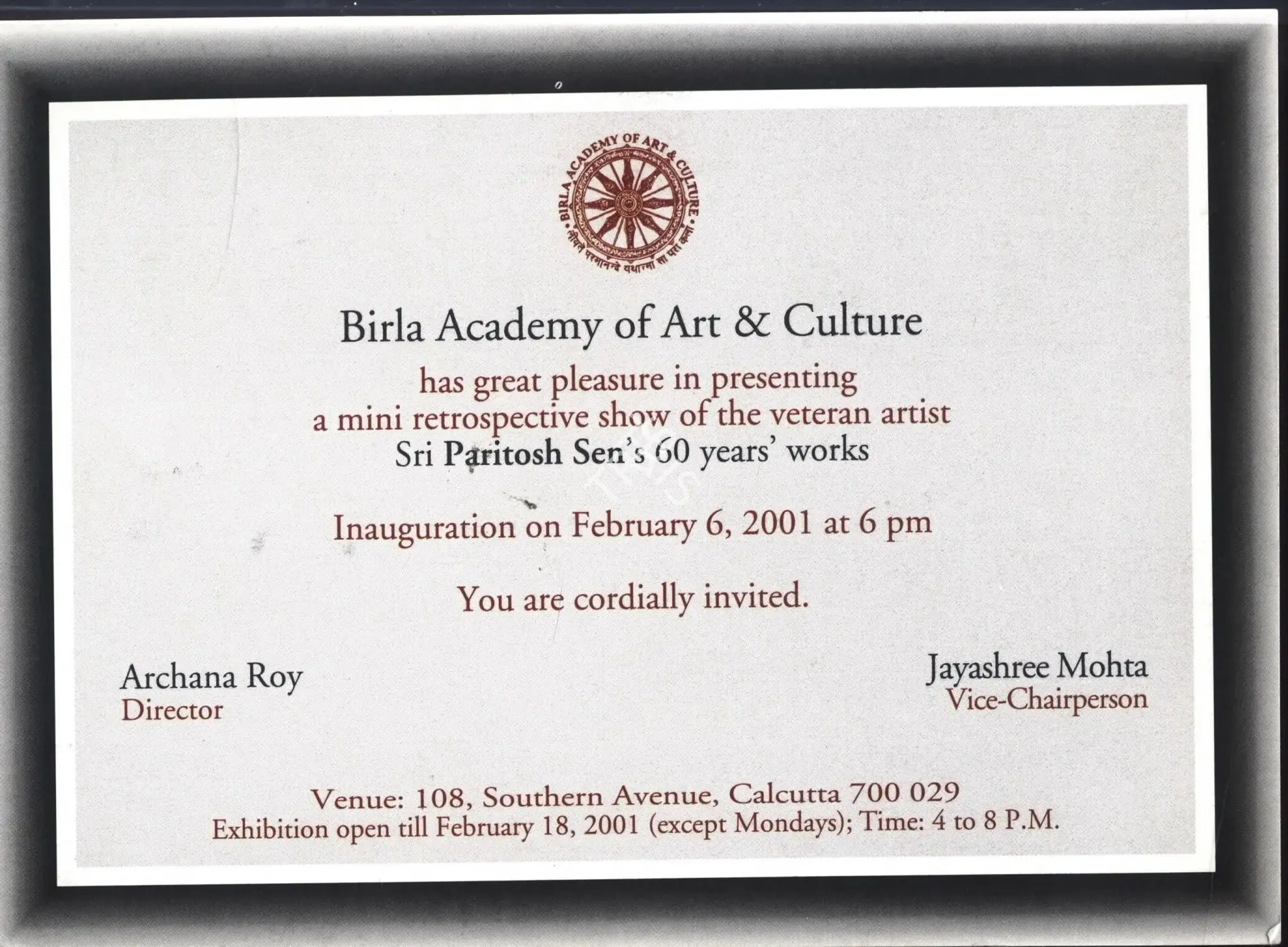 Paritosh Sen (Artist), Paritosh Sen, 2001, Solo Exhibition Invitation