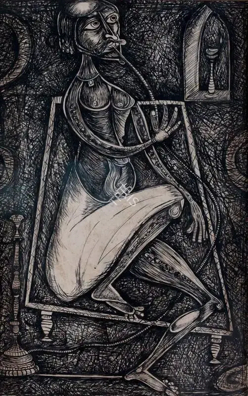 Sen, Sunil Madhav (Artist). Man with Hookah, n.d. | Painting, Pr.Mum/06.07.21, 2021 · Prinseps