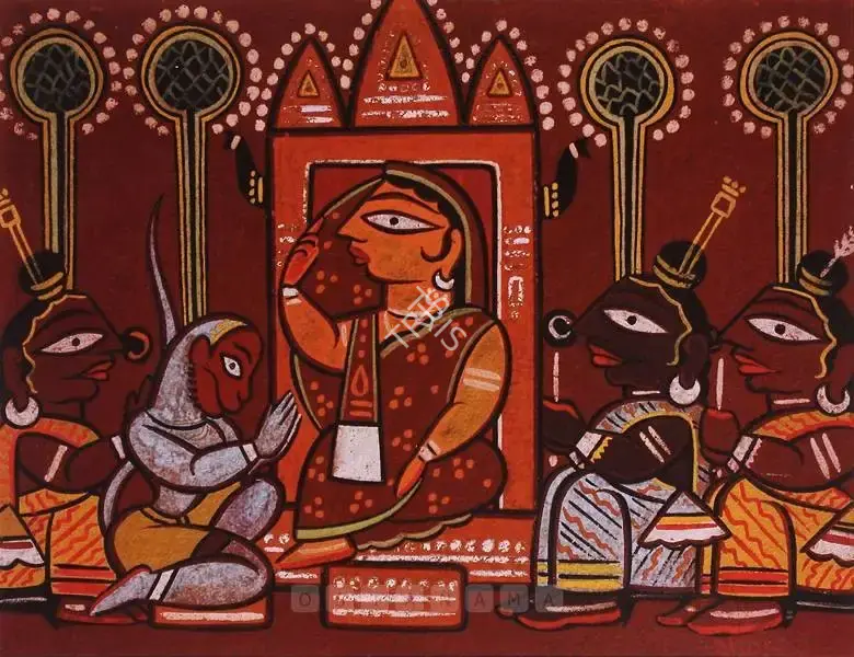 Jamini Roy (Artist), Hanuman Paying Respects To Sita, 1950, Painting
