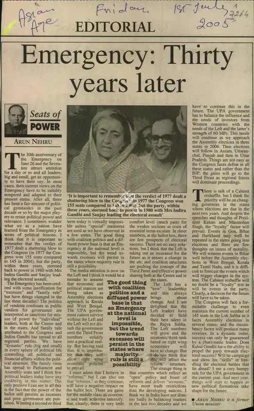 Arun Nehru (Reporter), Emergency: Thirty years later, 2005, Newspaper Clipping