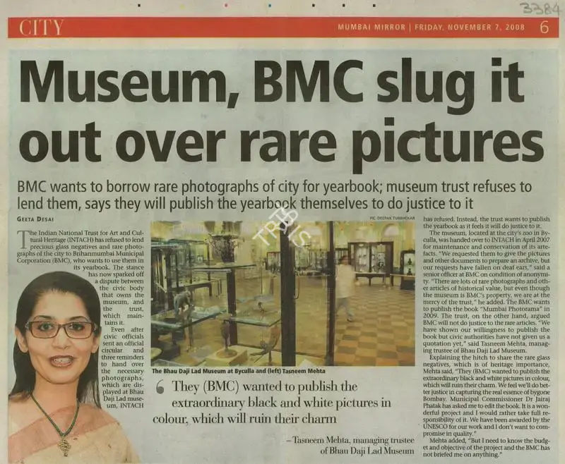 Geeta Desai (Reporter), Museum, BMC Slug it out over Rare Pictures, 2008, Newspaper Clipping