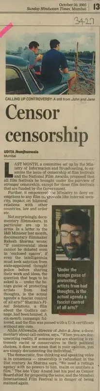 Udita Jhunjhunwala (Reporter), Censor Censorship, 2008, Newspaper Clipping