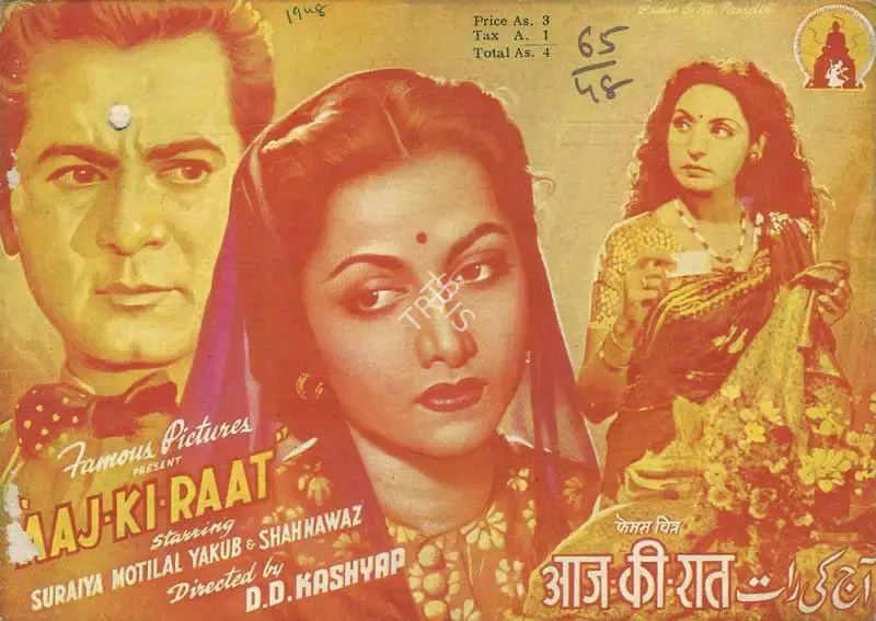 D.D. Kashyap (Director), Aaj Ki Raat, 1948, Cyclostyled Lyrics Leaflet