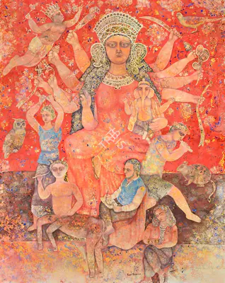 Sakti Burman (Artist), The Artist drawing Durga, 2013, Painting