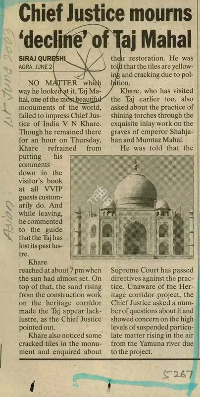 Siraj Qureshi (Reporter), Chief Justice Mourns 'Decline' of Taj Mahal, 2003, Newspaper Clipping