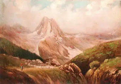 Ustad Allah Bukhsh (Artist), Mountain Landscape with Shepherd and Flock, 1952, Painting