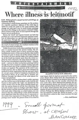 H.A. Anil Kumar (Writer), Where Illness is Leitmotif, 1999, Newspaper clipping