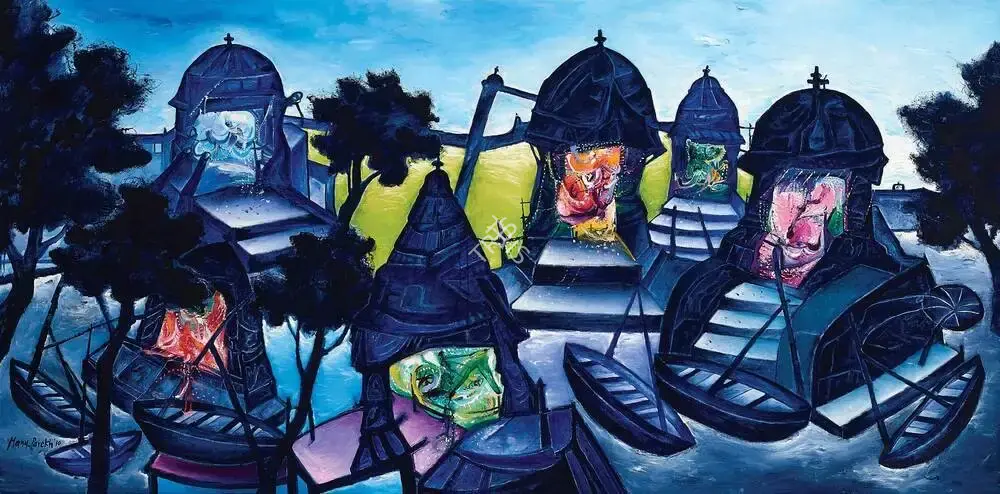 Manu Parekh (Artist), Moonlight at Banaras, 2010, Painting
