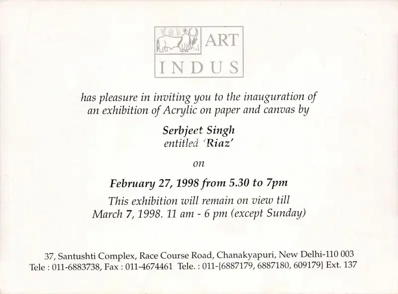 Serbjeet Singh (Artist), An Exhibition of Acrylic on Paper and Canvas, 1998, Solo Exhibition Invitation