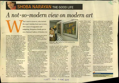 Shobha Narayan (Reporter), A Not-So-Modern View on Modern Art, 2009, Newspaper Clipping