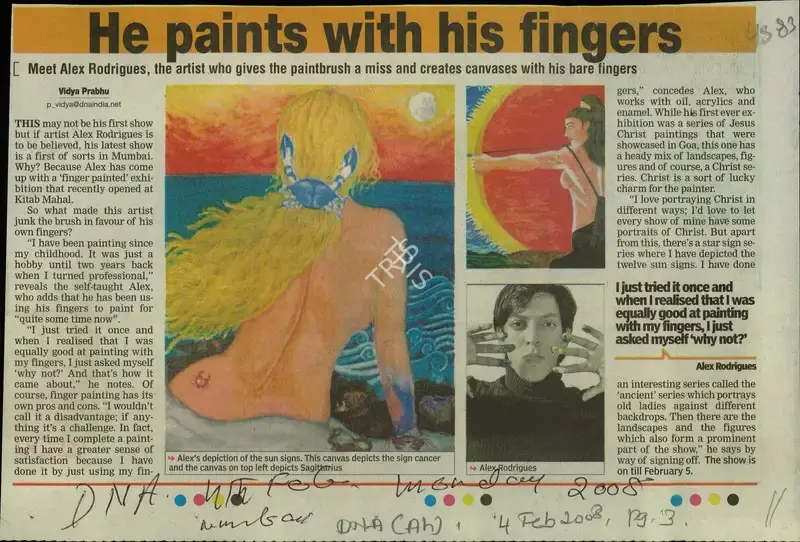 Vidya Prabhu (Reporter), He Paints with his Fingers, 2008, Newspaper Clipping