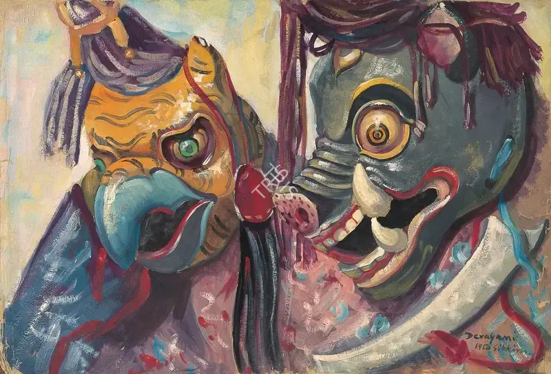 Devayani Krishna (Artist), The Owl and the Pig (Tibetan Dance Mask), 1950, Painting