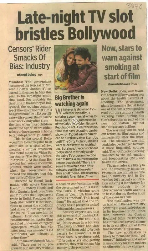 Himanshi Dhawan (Reporter), Late-Night TV Slot Bristles Bollywood, 2012, Newspaper Clipping