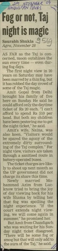 Saurabh Shukla (Reporter), Fog or not, Taj Night is Magic, 2004, Newspaper Clipping