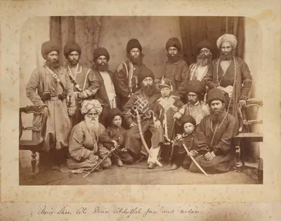 John Burke (Photographer), Amir Shere Ali. Prince Abdullah Jan and sirdars, Jumrood Fort Camp, 1869, Antiquarian Photograph