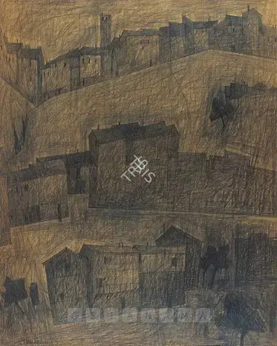 S.H. Raza (Artist), Houses, 1952, Drawing