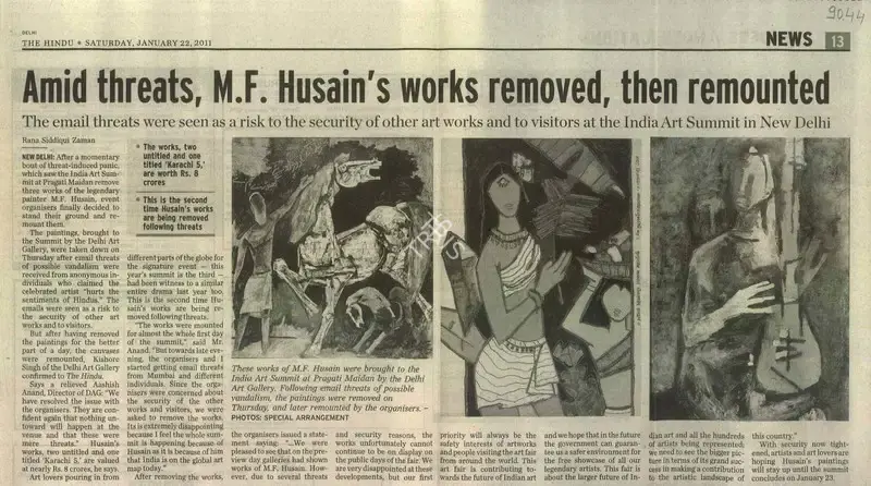 Rana Siddiqui Zaman (Reporter), Amid Threats, M.F. Husain's Works Removed, Then Remounted, 2011, Newspaper Clipping