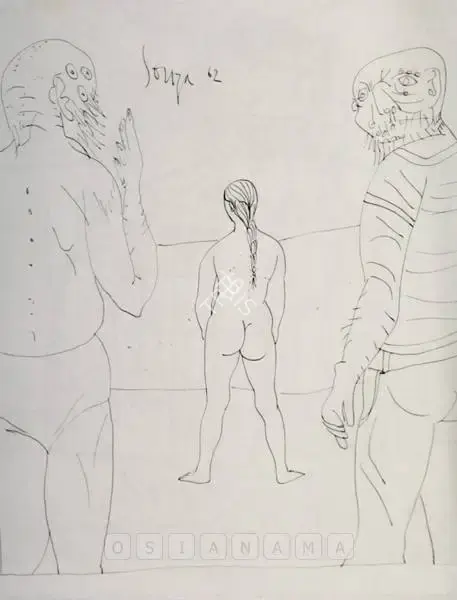 F.N. Souza (Artist), Two Men And A Woman, 1962, Drawing