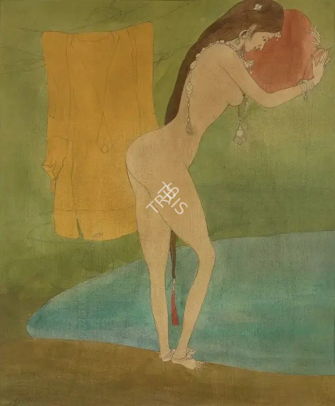 M.A.R. Chughtai (Artist), Bathing Day (Kashmiri Girl Removing Her Dress to Take a Bath in Pond of Water), 1969, Painting