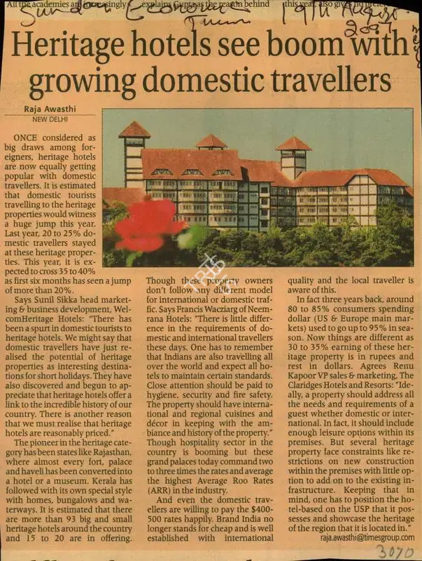 Raja Awasthi (Reporter), Heritage Hotel Boom with Growing Domestic Travellers, 2007, Newspaper Clipping