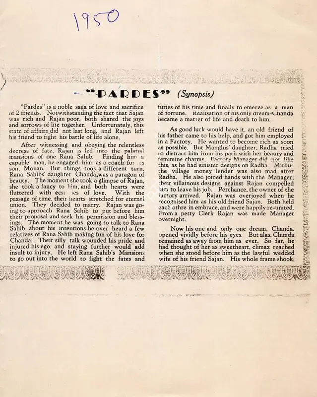 P.N. Arora (Producer), Pardes, 1950, Cyclostyled Lyrics Leaflet