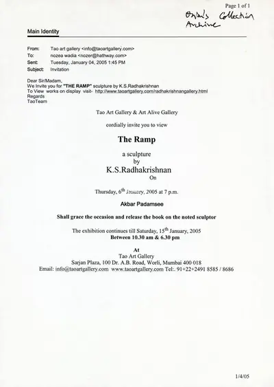 K.S. Radhakrishnan (Artist), The Ramp, 2005, Solo Exhibition Invitation