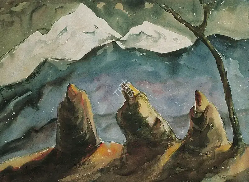 Kanwal Krishna (Artist), Lamas In Tibetan Mountainscape, 1955, Painting