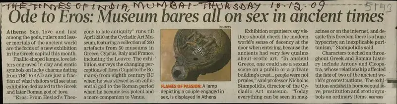 Ode to Eros: Museum bares all on sex in Ancient times, 2009, Newspaper Clipping