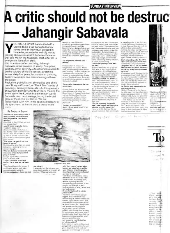 Sanjay A Sayani (Writer), A critic should not be destructive- Jahangir Sabavala, 1988, Newspaper Clipping