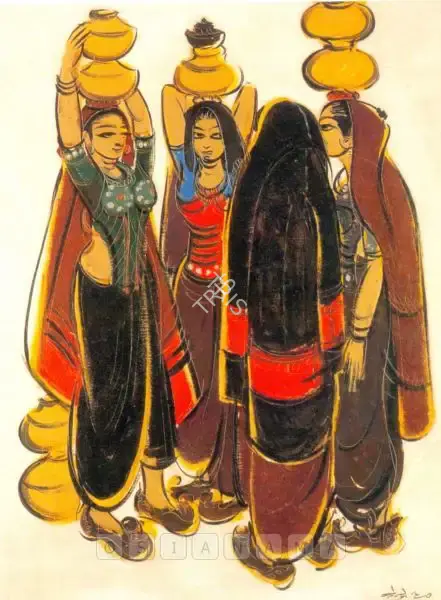 N.S. Bendre (Artist), Woman With Water Jars, 1960, Painting