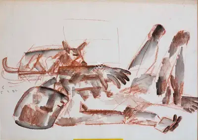 Somnath Hore (Artist), Untitled (Lying man with Dog), 1982, Painting