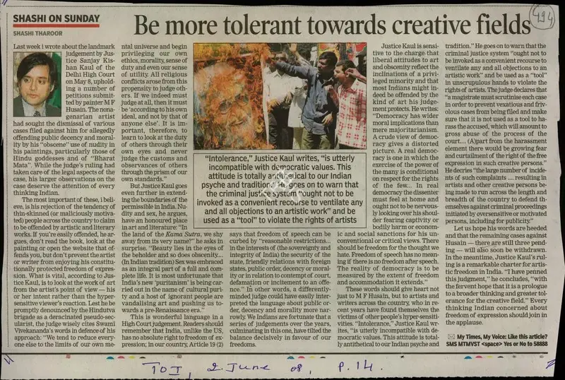 Shashi Tharoor (Reporter), Be More Tolerant Towards Creative Fields, 2008, Newspaper Clipping