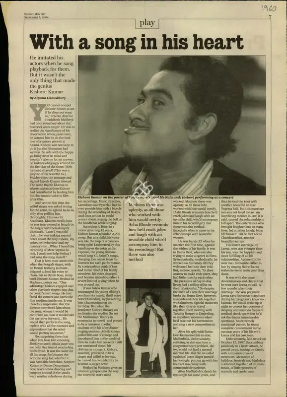 Alpana Chowdhary (Reporter), With a song in his heart, 2004, Newspaper Clipping