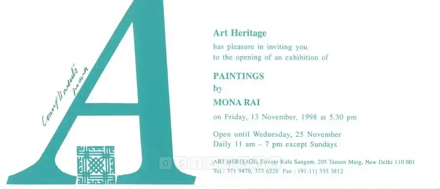 Mona Rai (Artist), Paintings by Mona Rai, 1998, Solo Exhibition Invitation