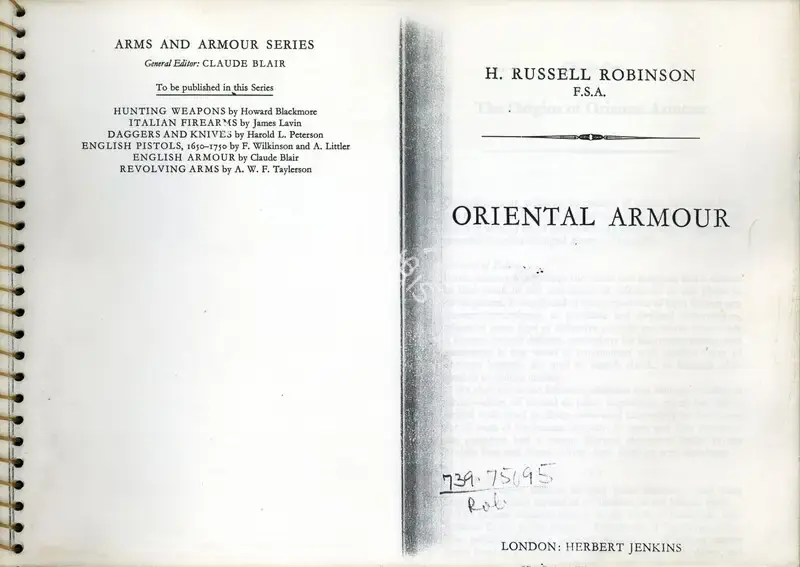 H. Russell Robinson (Author), Oriental Armour, 1967, Authored Book