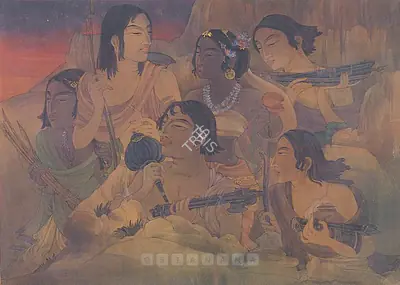 Ramgopal Vijaiwargiya (Artist), Draupadi And The Five Pandavas, 1949, Painting