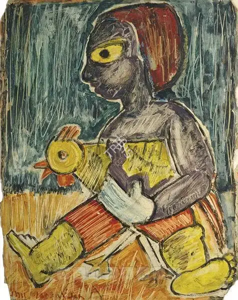 Sunil Madhav Sen (Artist), Child With Cock, 1959, Painting