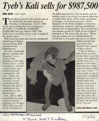 Uma Nair (Writer), Tyeb's Kali Sells For $987,500, 2007, Newspaper clipping