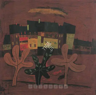 S.H. Raza (Artist), Houses In Landscape, 1951, Painting