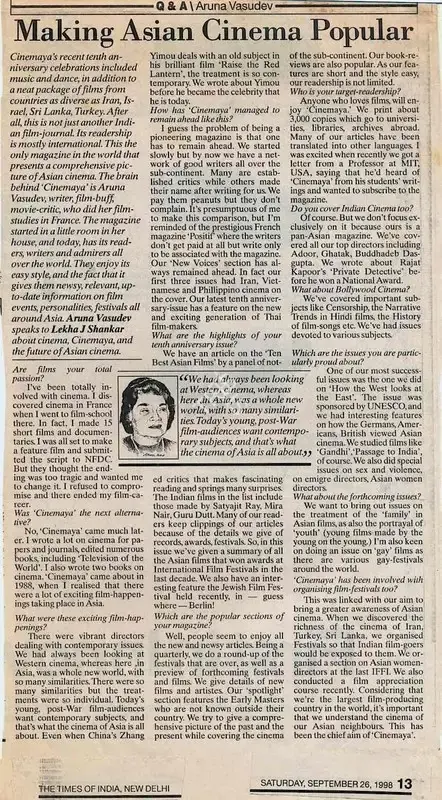 Lekha J. Shankar (Reporter), Making Asian Cinema Popular, 1998, Newspaper Clipping