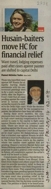 Puneet Nicholas Yadav (Reporter), Husain-Baiters Move HC For Financial Relief, 2008, Newspaper Clipping