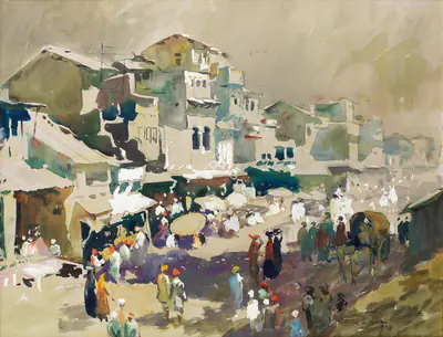 S.H. Raza (Artist), Untitled (Village Scene), 1947, Painting