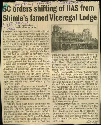 Jagdish Bhatt (Reporter), SC Orders Shifting of IIAS from Shimla's Famed Viceregal Lodge, 2003, Newspaper Clipping